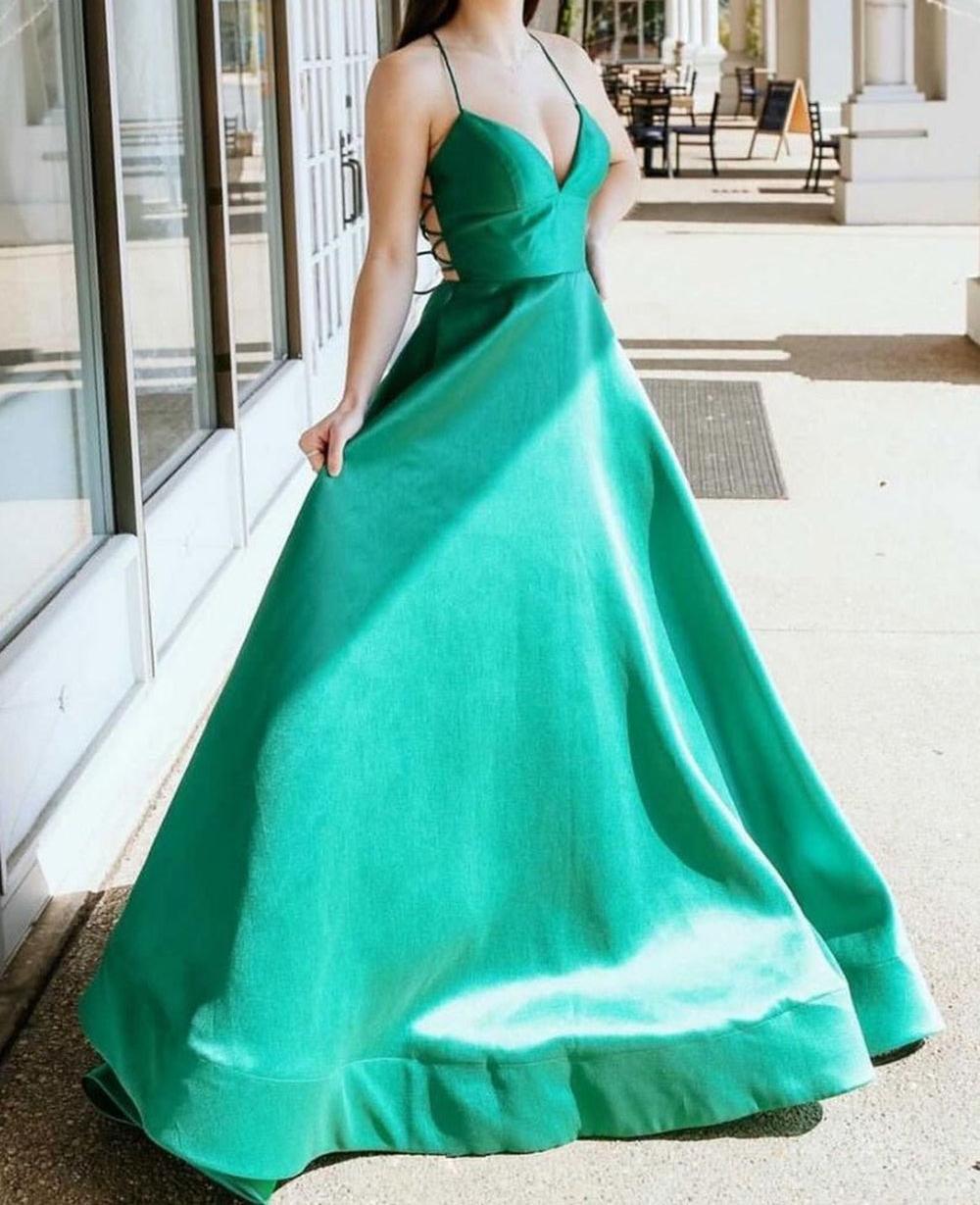 Unthony - Simple V Neck Green Satin Long Prom Dress