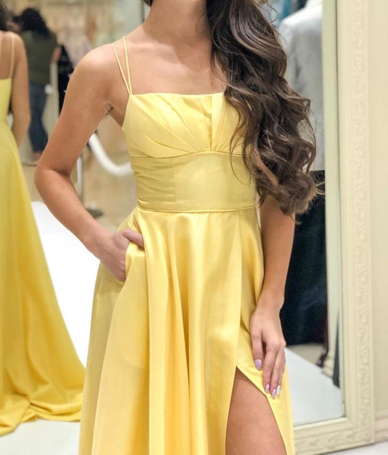 Unthony - Unique Yellow Satin Long Prom Dress with High Slit
