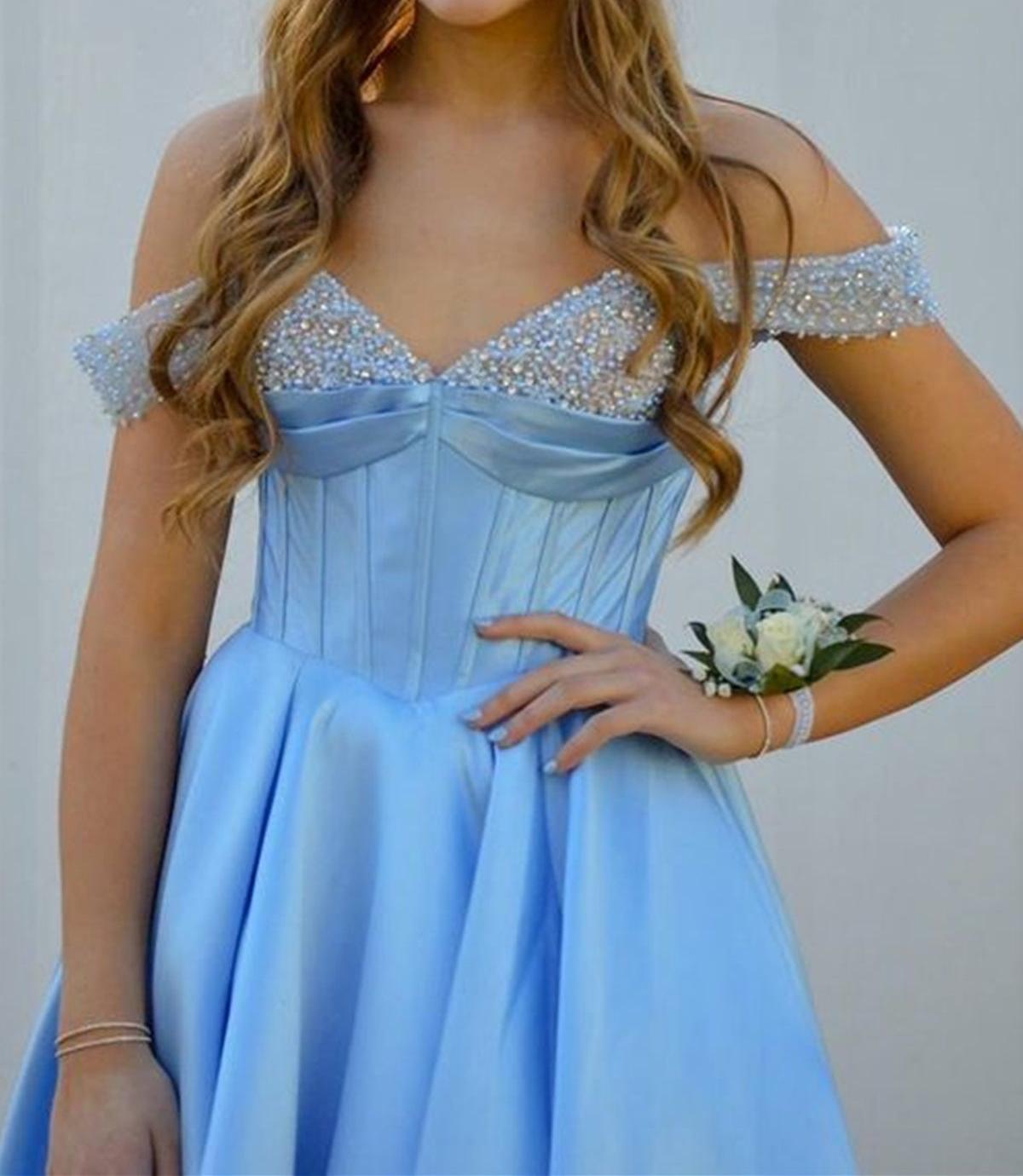 Unthony - Off the Shoulder Beaded Light Blue Satin Long Prom Dresses