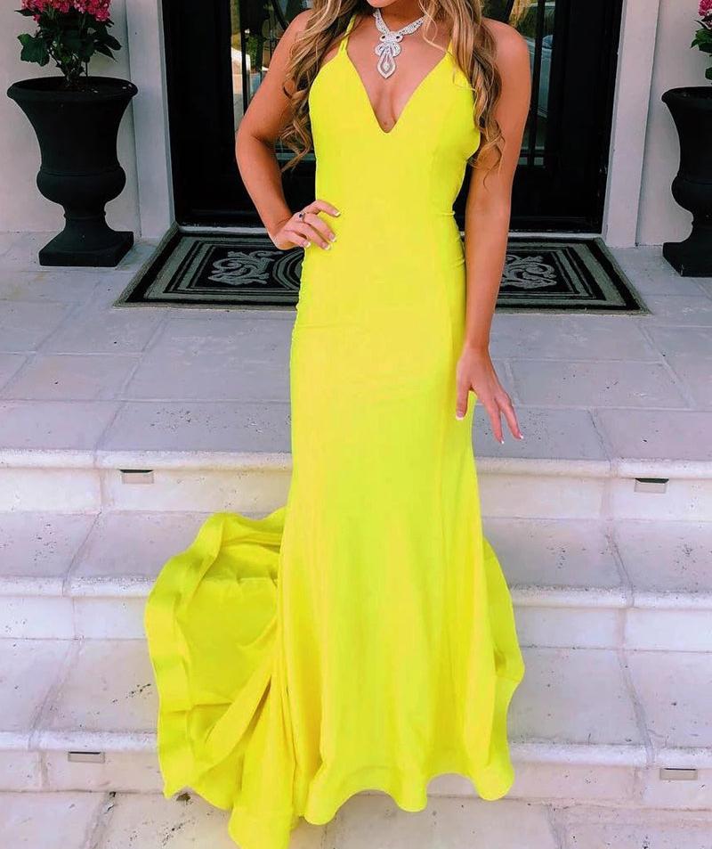 Unthony - V Neck Backless Mermaid Yellow Prom Dress with Train