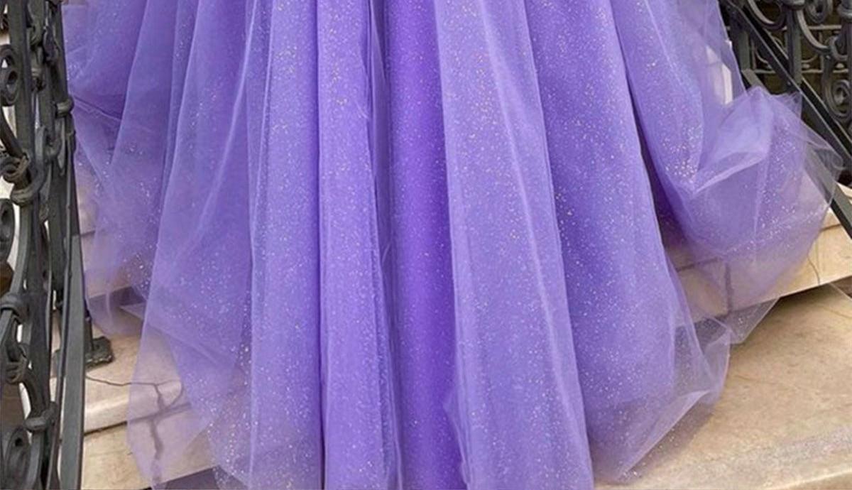 Unthony - Shiny Sequins Tulle Off Shoulder Purple Long Prom Dress with High Slit