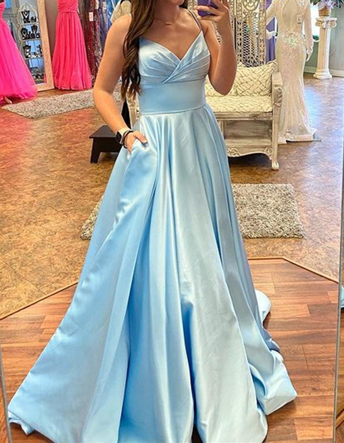 Unthony - A Line V Neck Blue Satin Long Prom Dress