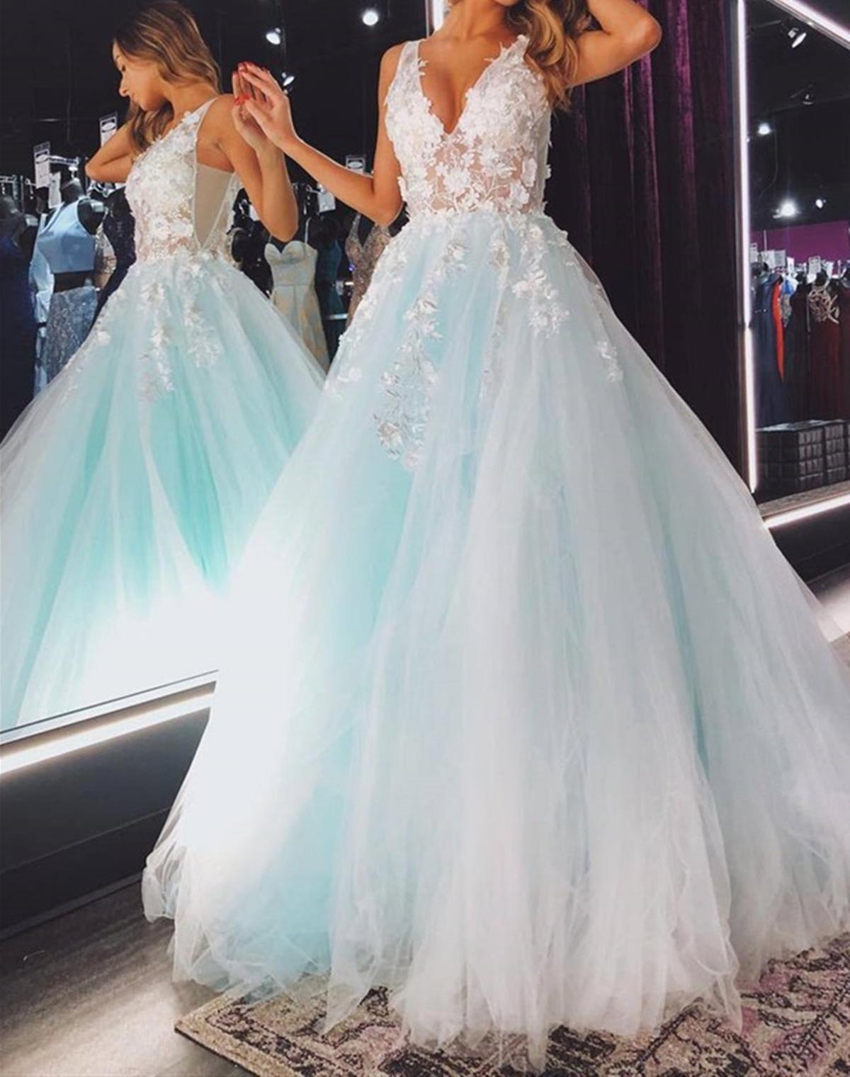 Unthony - V Neck Backless Teal Lace Foral Long Prom Dresses