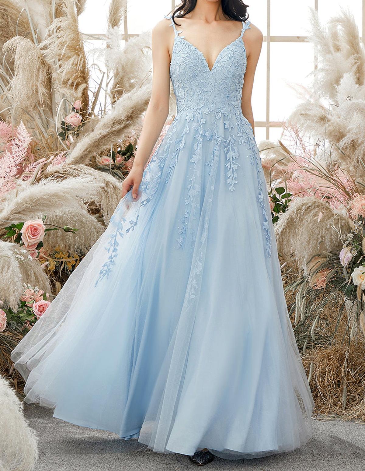Unthony - A Line V Neck Backless Blue Lace Long Prom Dress