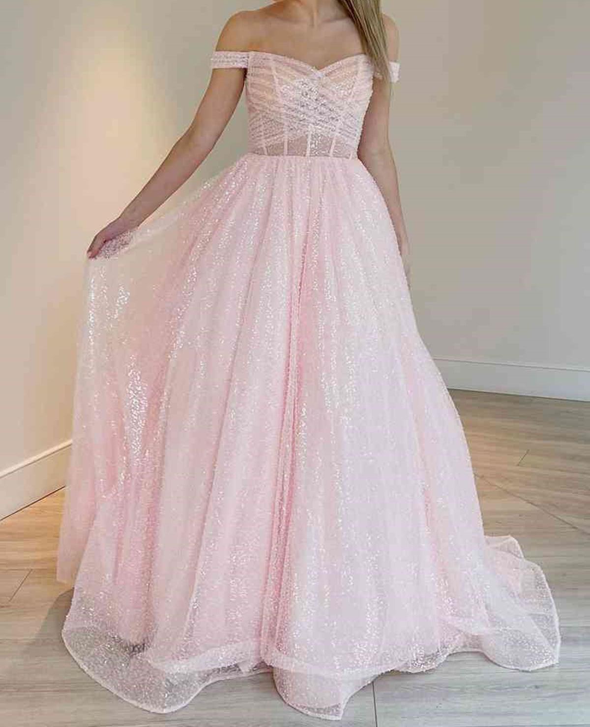 Unthony - Shiny Tulle Off Shoulder Blue/Pink Long Prom Dress
