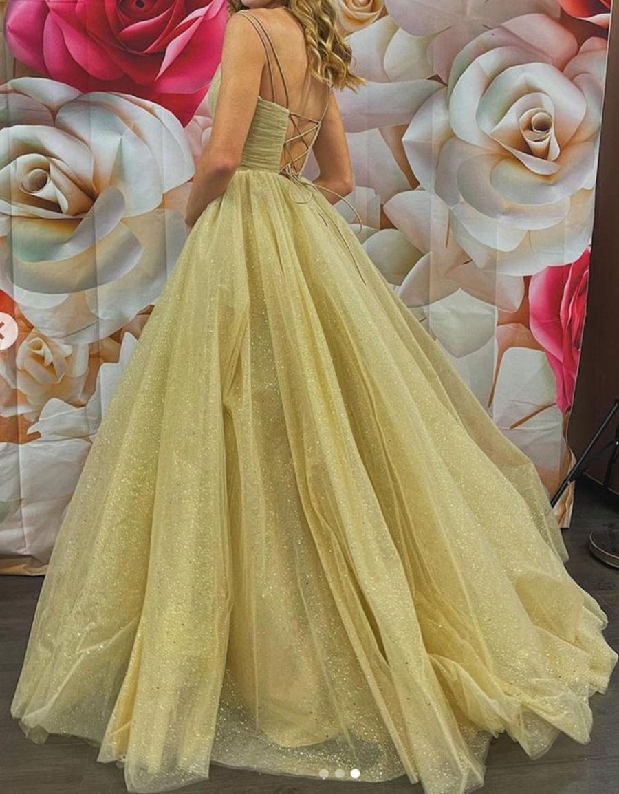 Unthony - Shiny V Neck Golden Sequins Long Prom Dress