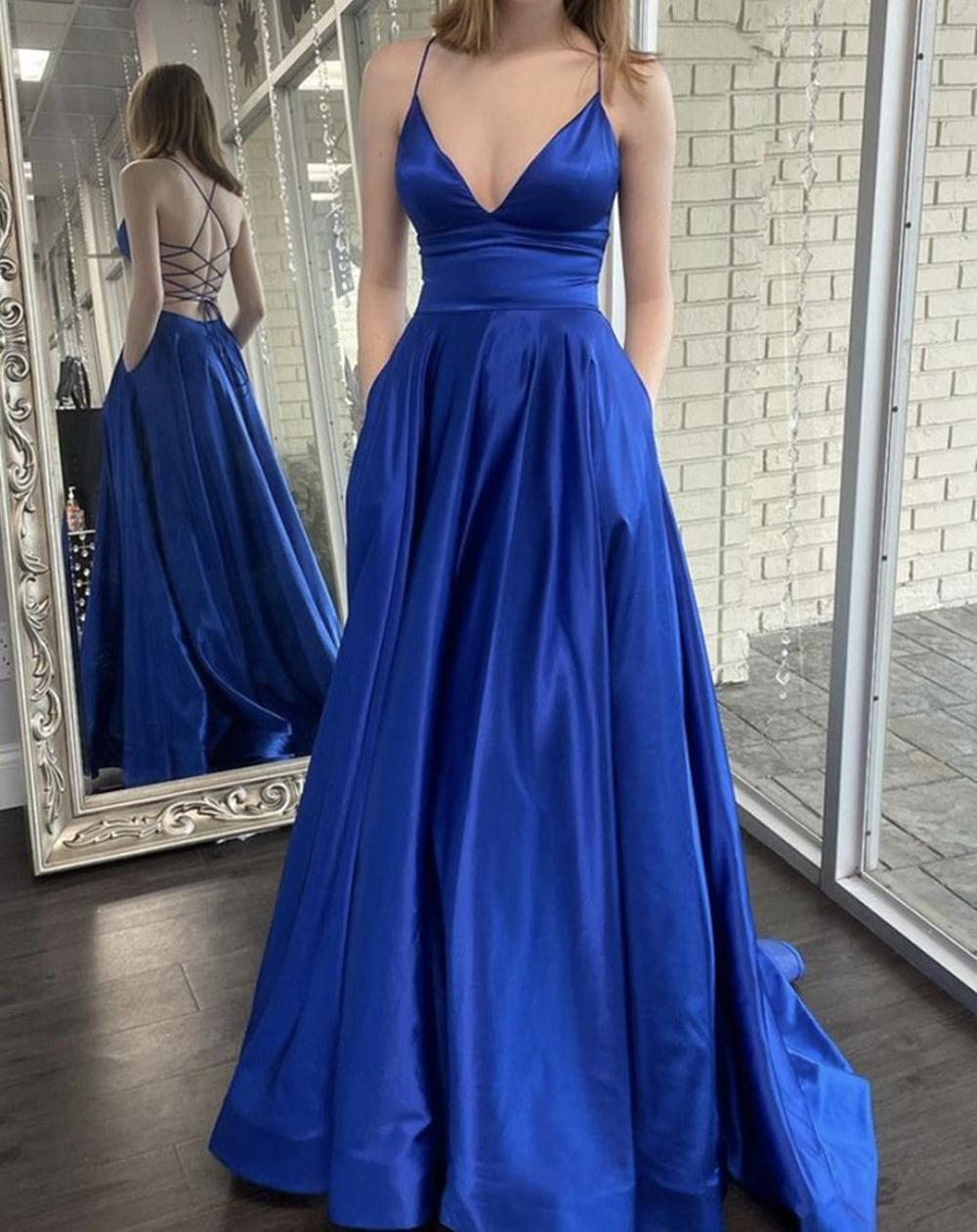 Unthony - A Line V Neck Backless Royal Blue Satin Long Prom Dress with Pocket