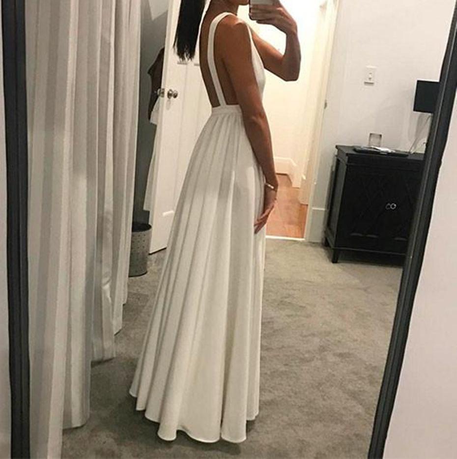 Unthony - Simple A Line V Neck Floor Length Backless White Long Prom Dresses
