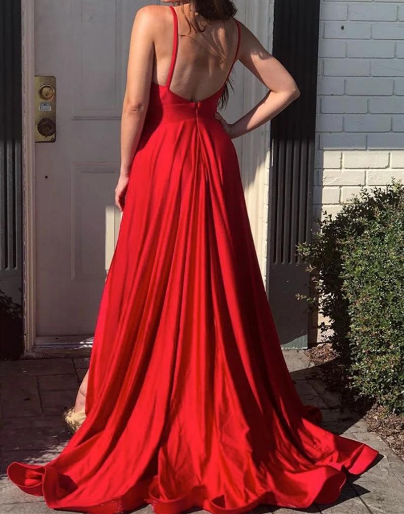 Unthony - A Line V Neck Backless Red Long Prom Dress with High Slit