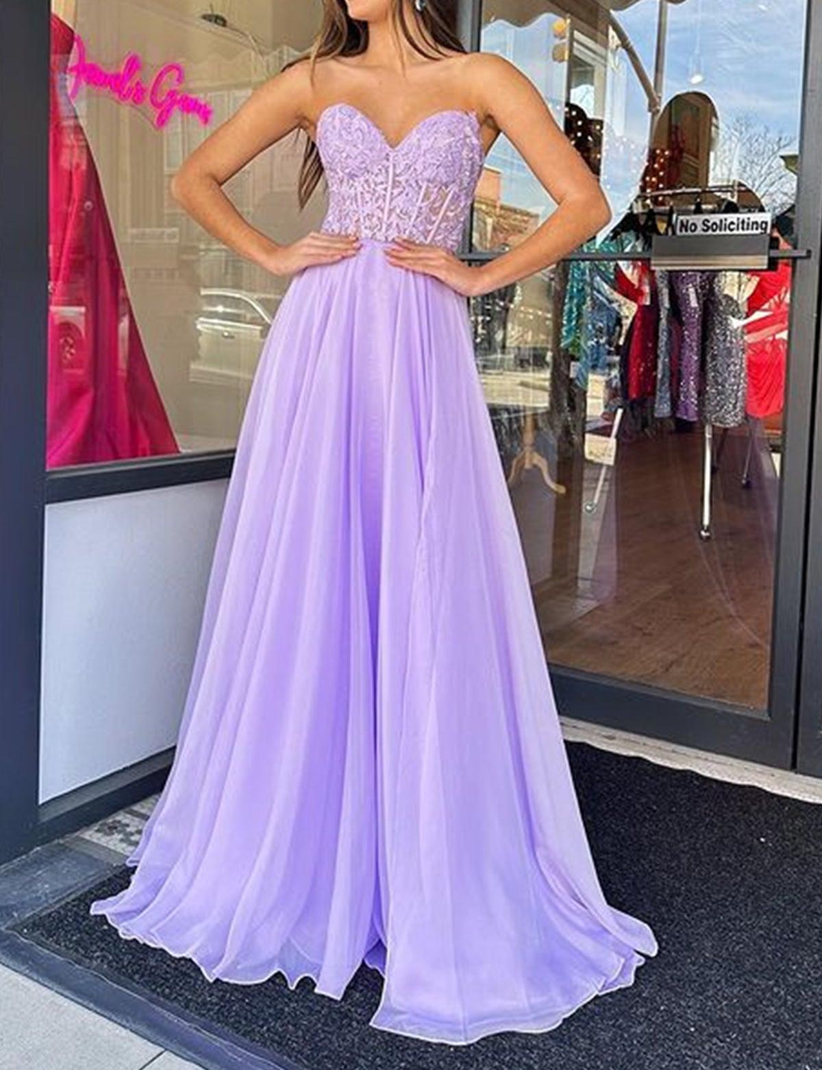 Unthony - Strapless Sweetheart Neck Purple Lace Long Prom Dress