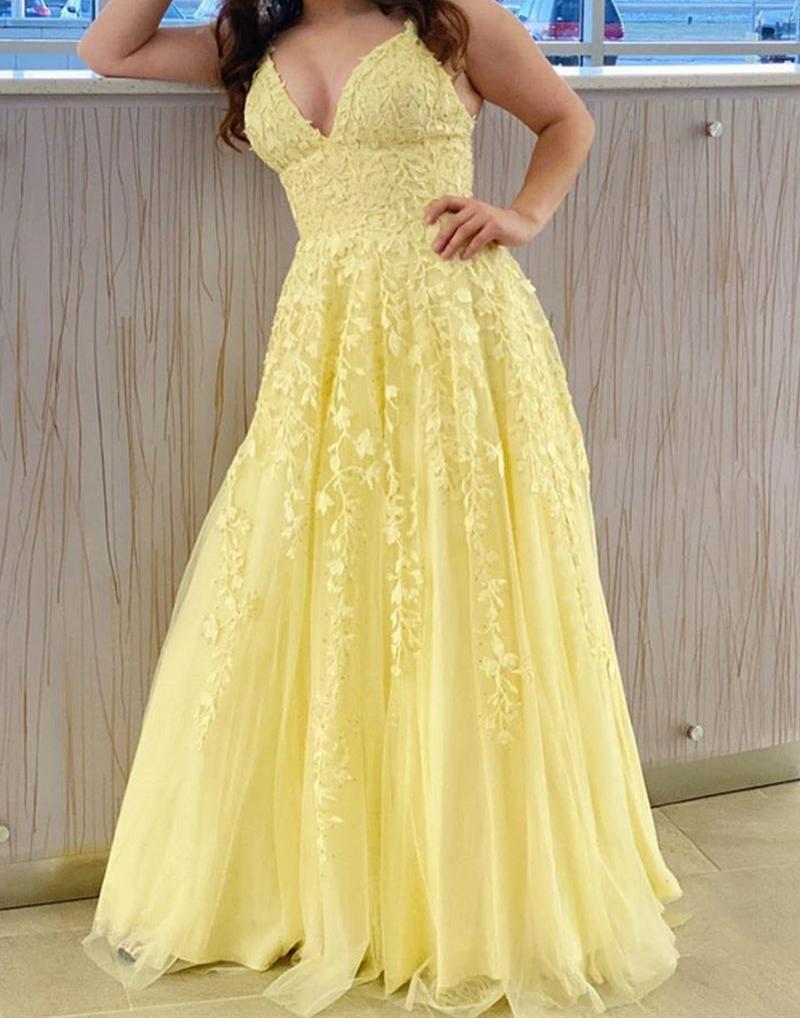Unthony - A Line V Neck Open Back Yellow Lace Long Prom Dress
