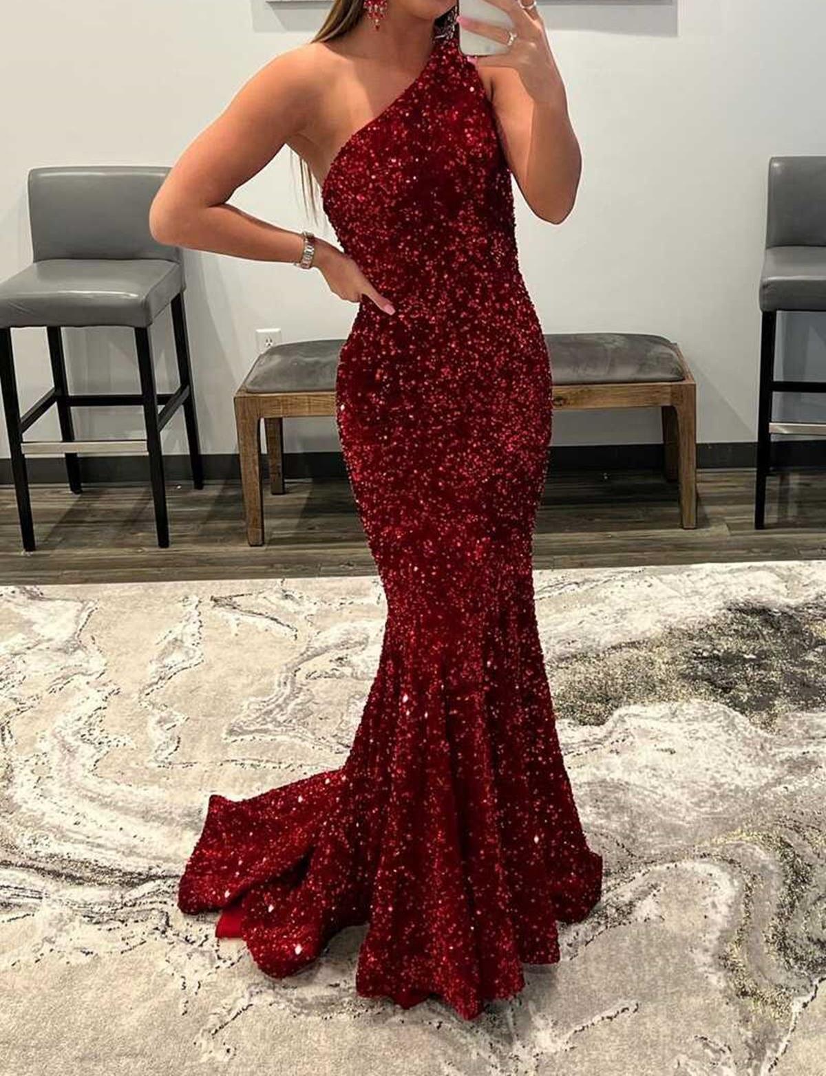 Unthony - One Shoulder Mermaid Burgundy Sequins Long Prom Dress