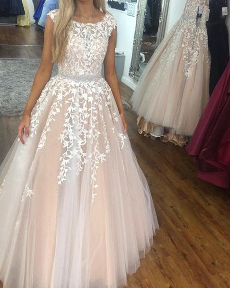 Unthony - Round Neck Cap Sleeves White Lace Champagne Long Prom Dress