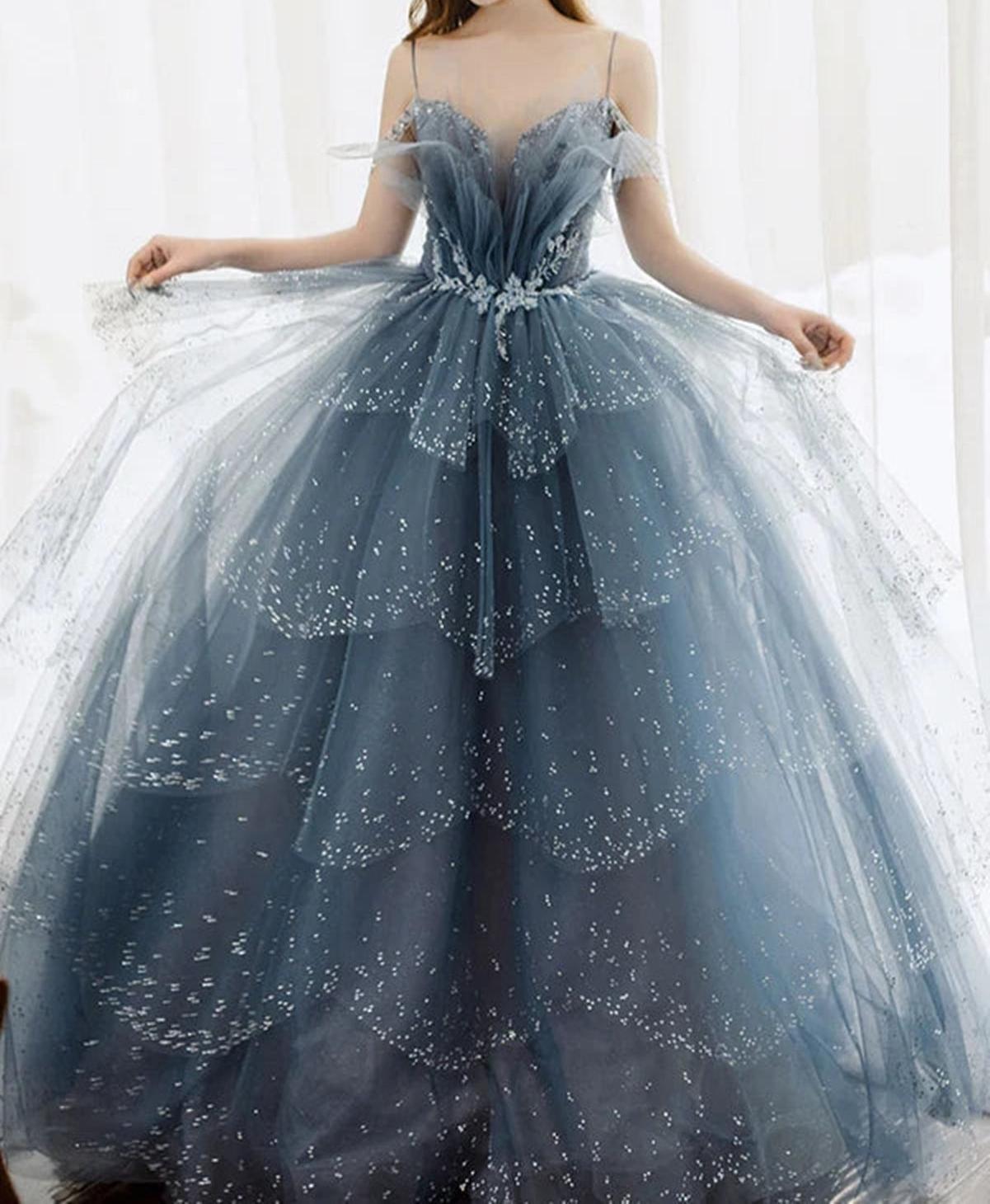 Unthony - Gorgeous Blue Sparkly Tulle Beaded Long Prom Dress
