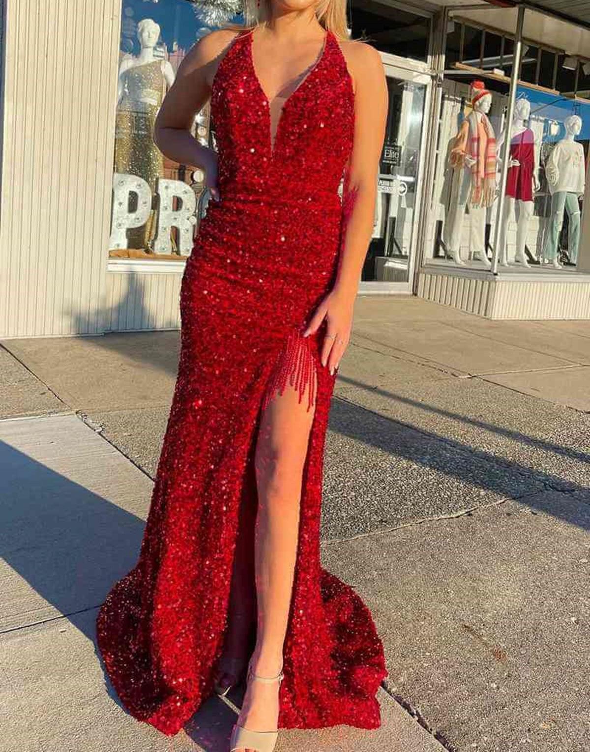 Unthony - Open Back V Neck Mermaid Burgundy Sequins Long Prom Dress