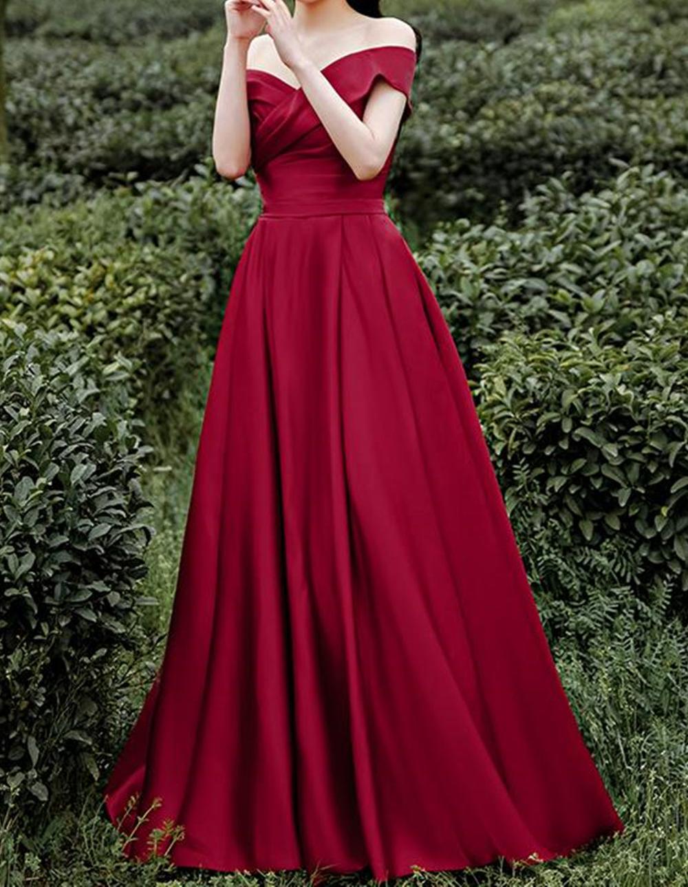 Unthony - Simple Off Shoulder Burgundy Long Prom Dress