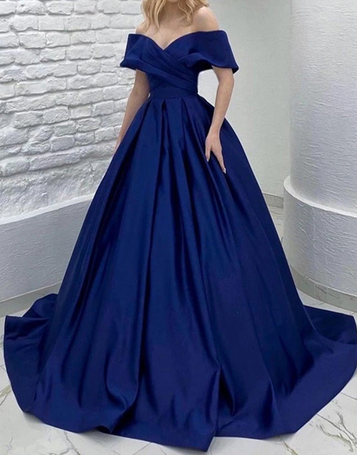 Unthony - Off Shoulder Royal Blue Satin Long Prom Dress