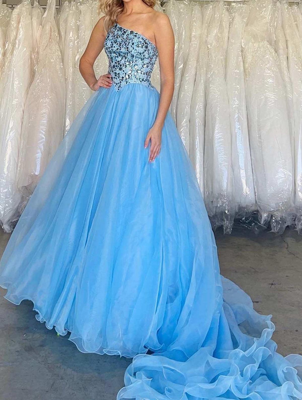 Unthony - Gorgeous One Shoulder Beaded Blue Tulle Long Prom Dress
