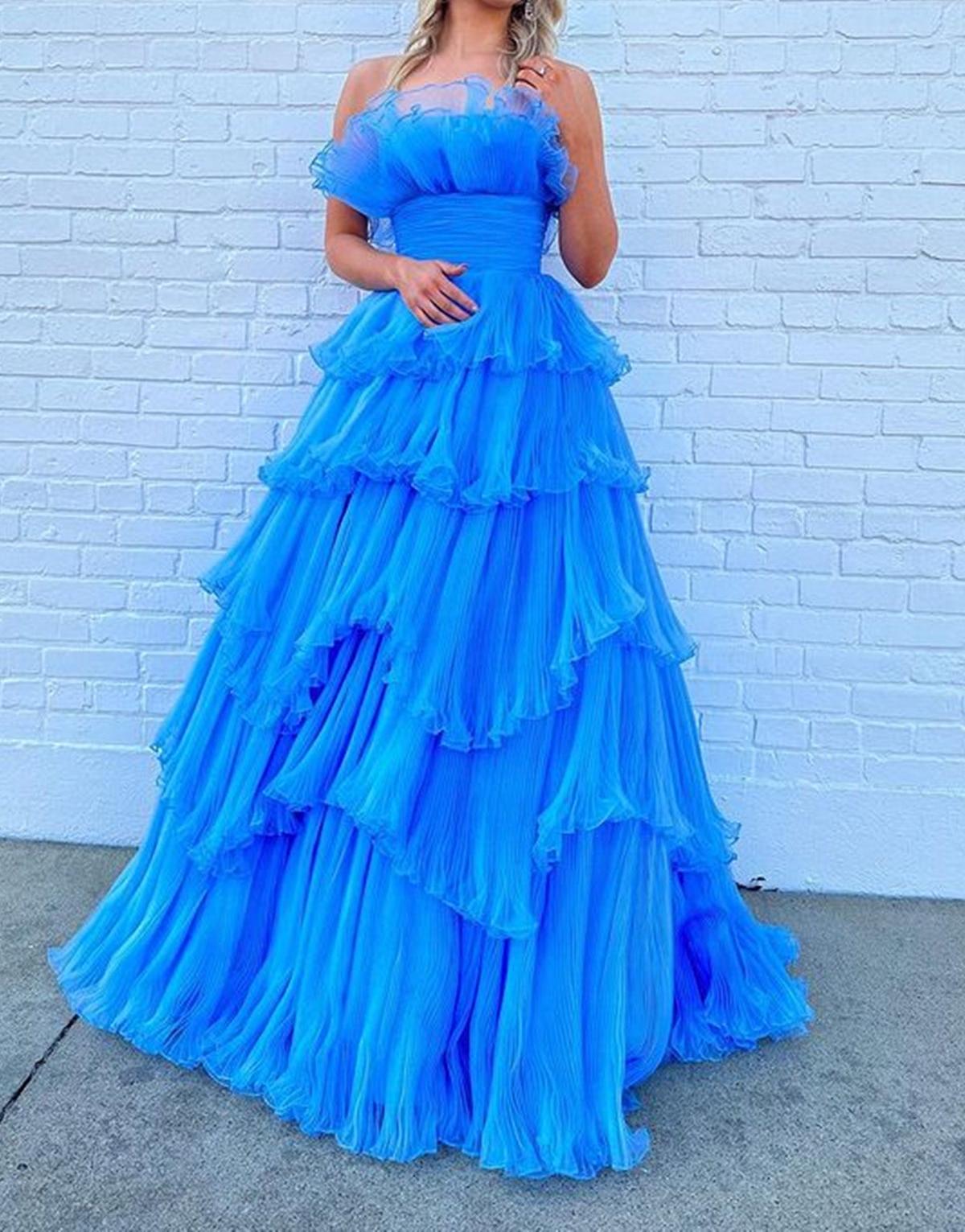 Unthony - Strapless Layered Blue Long Prom Dresses