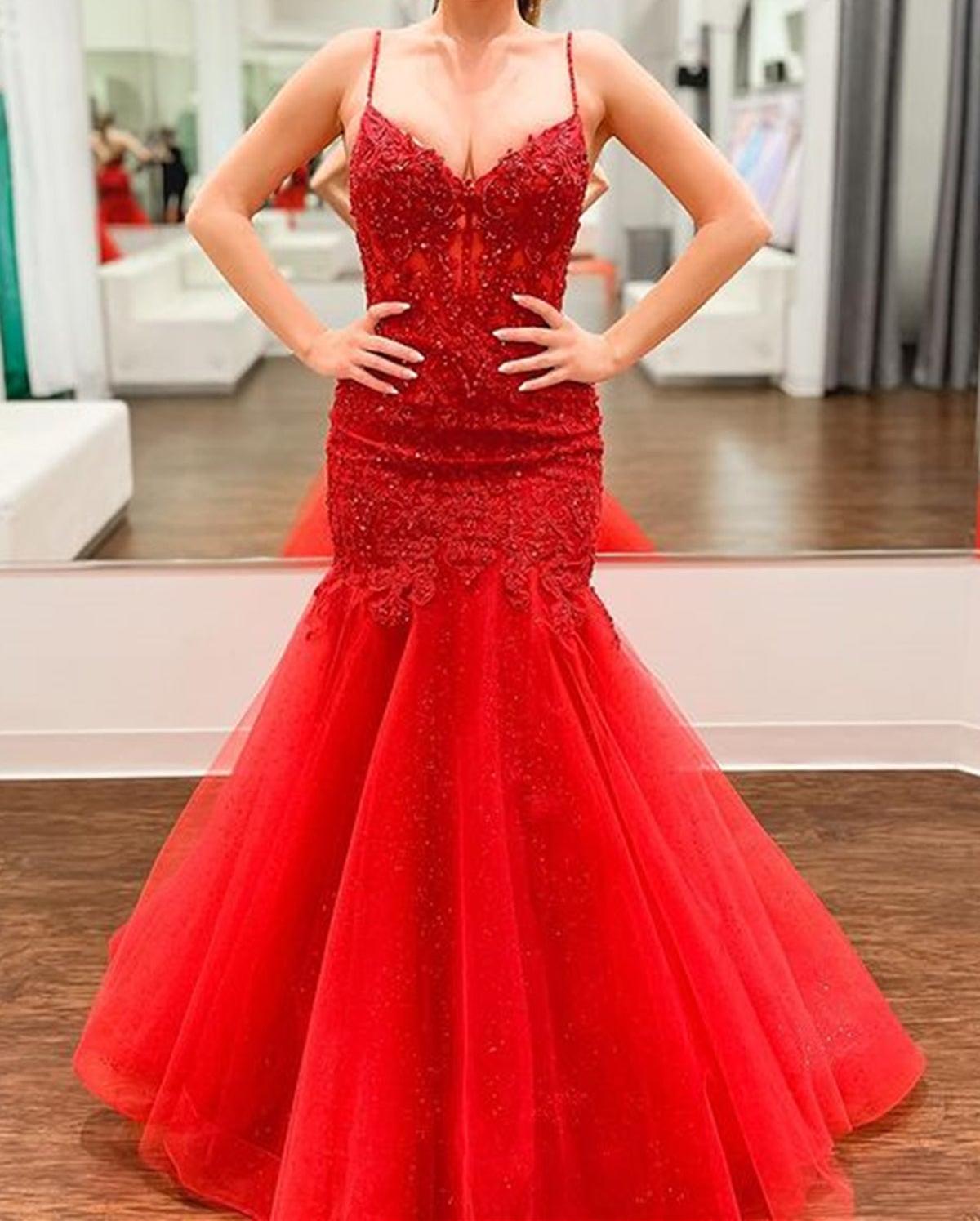 Unthony - V Neck Mermaid Beaded Red Lace Long Prom Dresses