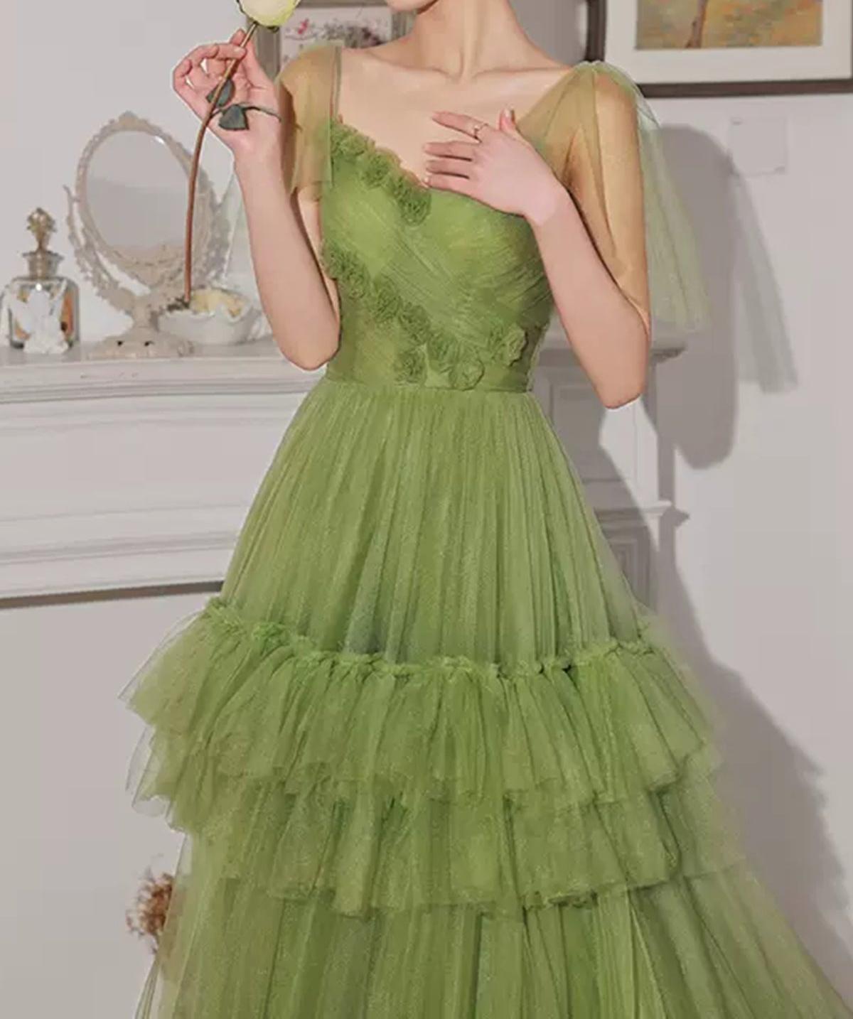 Unthony - Princess V Neck Green Tulle Long Prom Dress with 3D Flowers