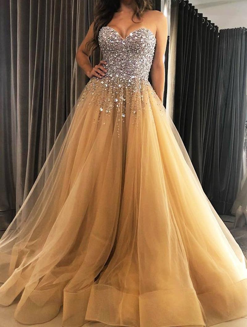 Unthony - Sweetheart Neck Sequins Beaded Champagne Long Prom Dress