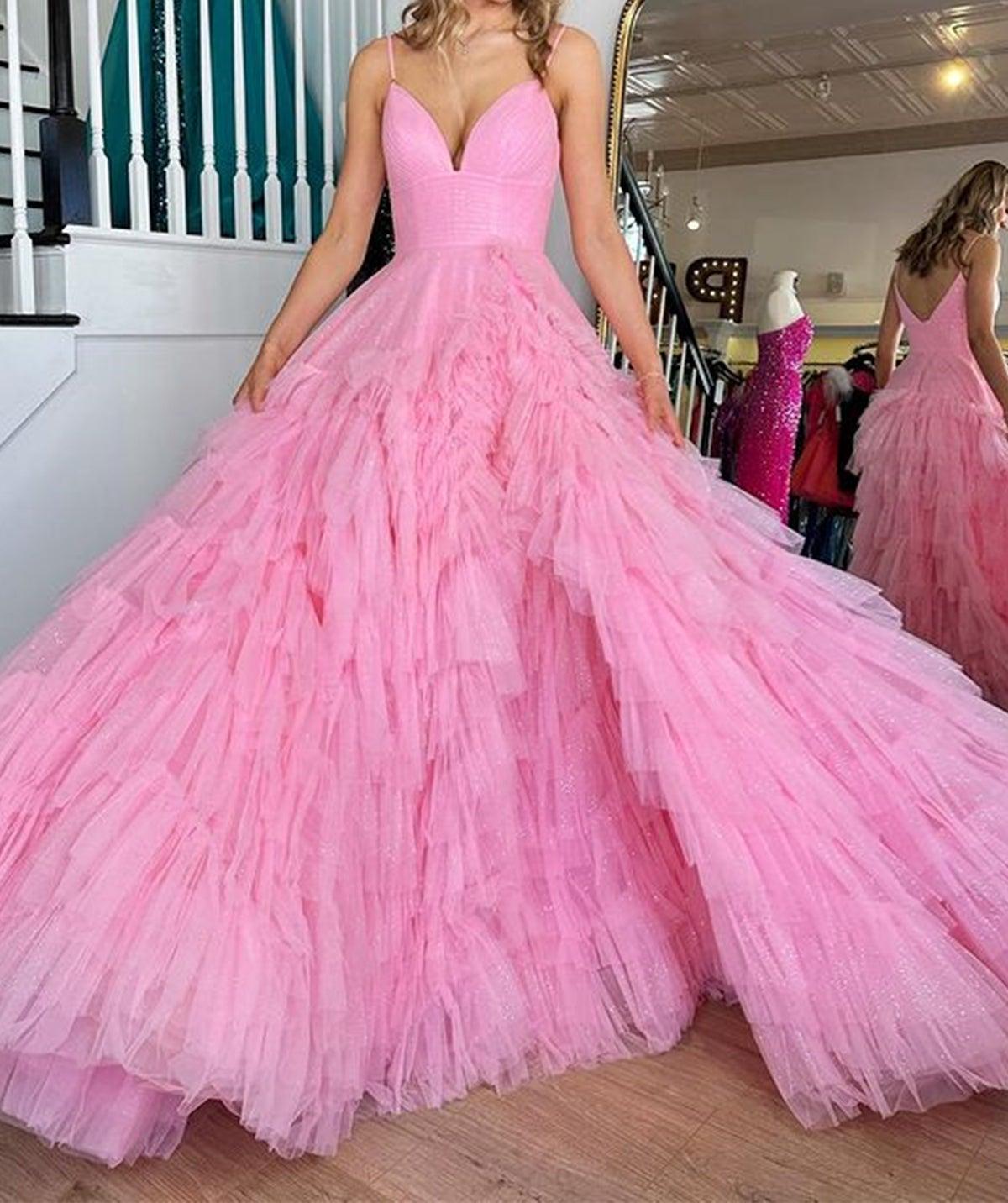 Unthony - V Neck Open Back Pink Tulle Long Prom Dress