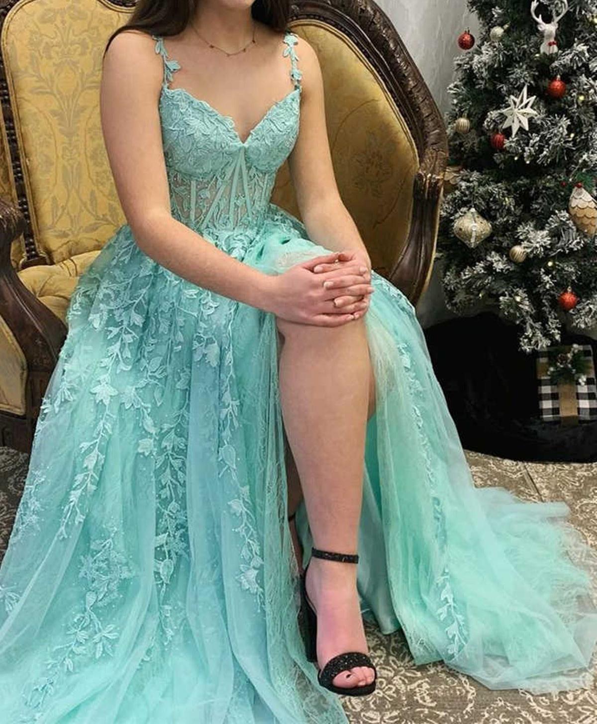 Unthony - Elegant Ivory/Purple/Black/Mint Green Lace Tulle Long Prom Dress with High Slit