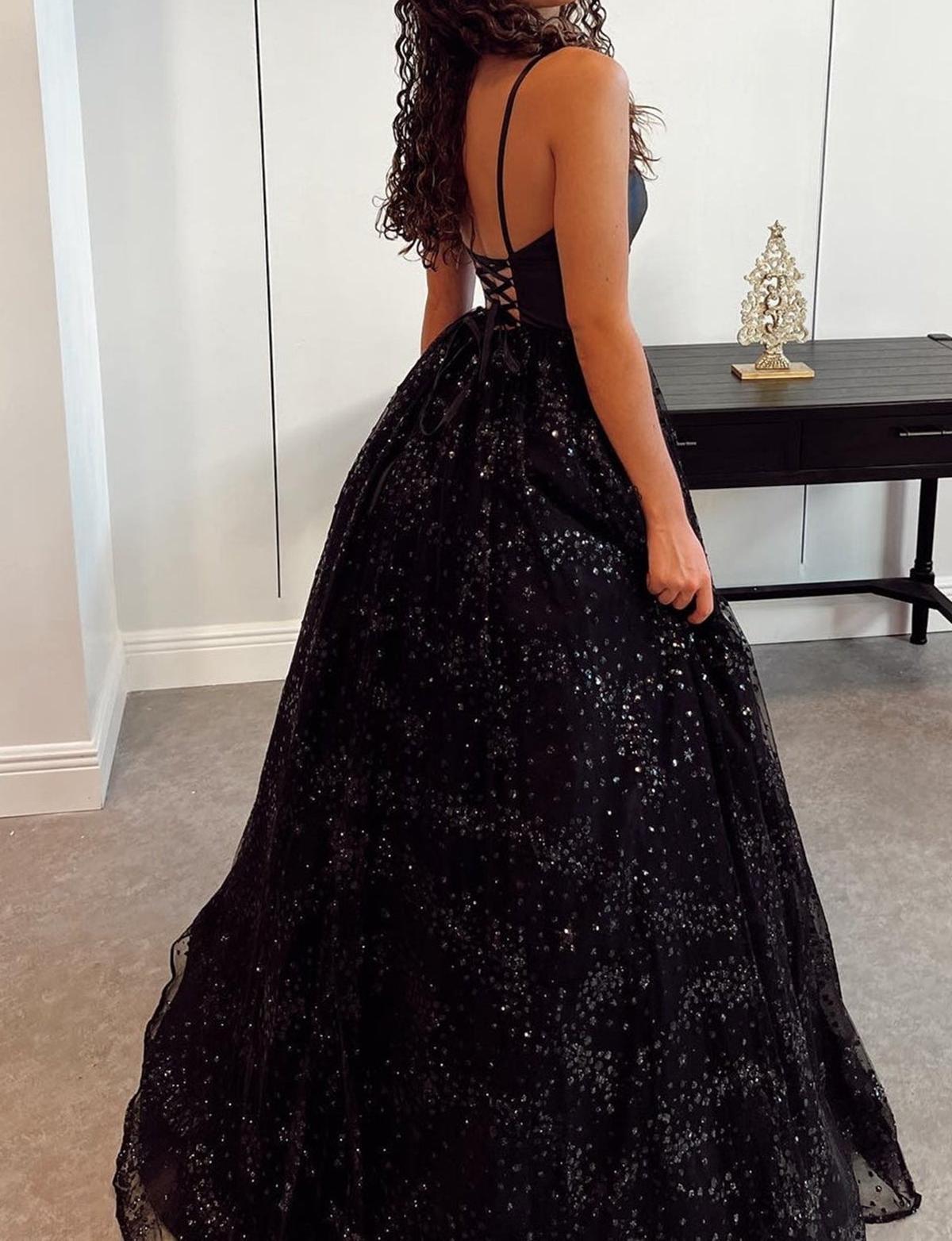Unthony - Bling Bling V Neck Black Sequins Long Prom Dresses