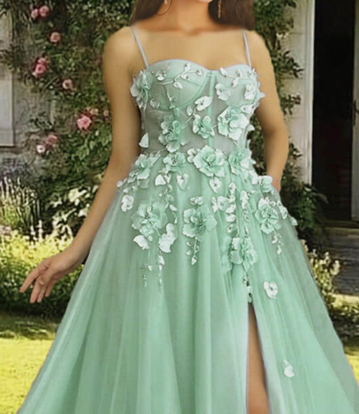 Unthony - Elegant Green Floral Lace Long Prom Dress with High Slit