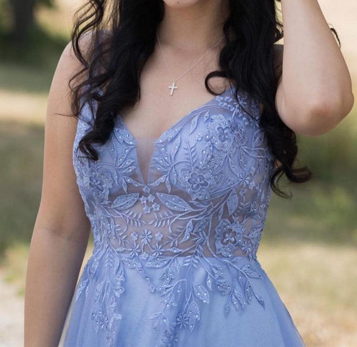 Unthony - A Line V Neck Backless Blue Lace Long Prom Dress