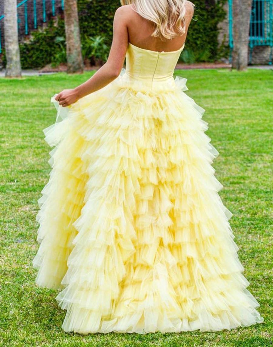 Unthony - Custom Made Yellow Strapless Tiered Floor Length Ball Gown Long Prom Dresses