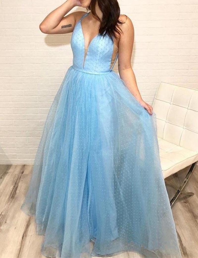 Unthony - A Line V Neck Sky Blue Long Prom Dress 2020 with Tiny Dot Print