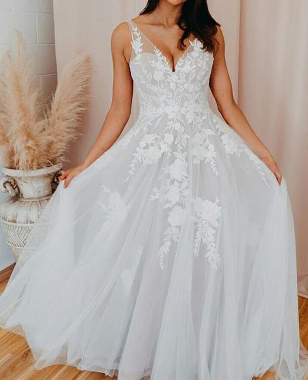 Unthony - A Line V Neck Open Back White Lace Long Prom Wedding Dress