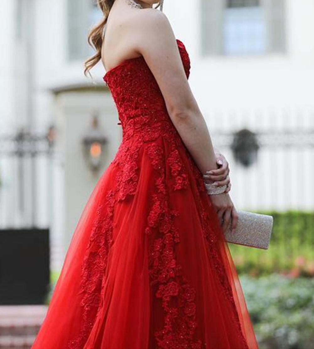 Unthony - Strapless Red Lace Long Prom Dress with Train
