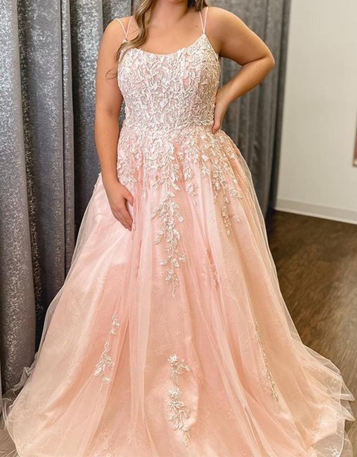 Unthony - A Line Pink Tulle Lace Long Prom Dress
