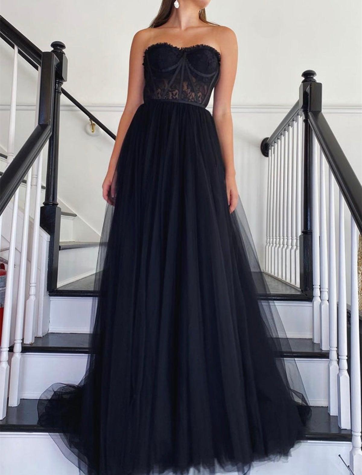 Unthony - Strapless Black Lace Tulle Long Prom Dress