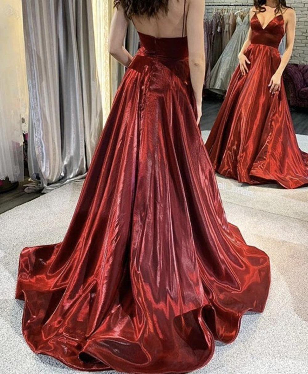 Unthony - A Line V Neck Burgundy Satin Long Prom Dress
