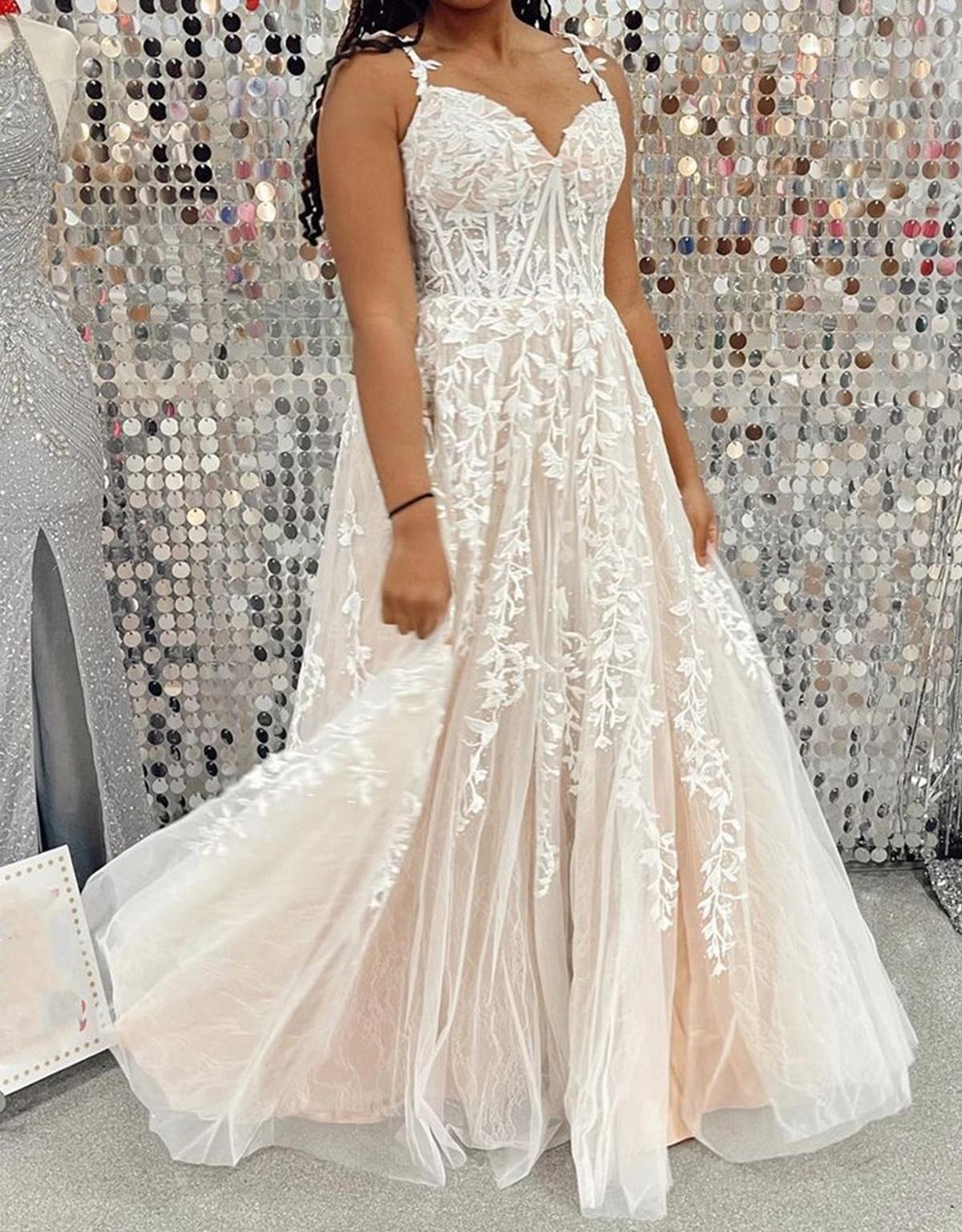 Unthony - A Line V Neck Champagne Lace Long Prom Dress
