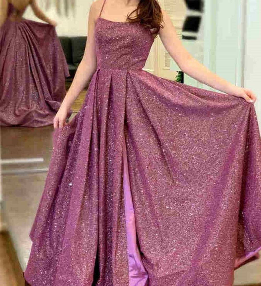 Unthony - Stylish Backless Purple Sequins Long Prom Dress