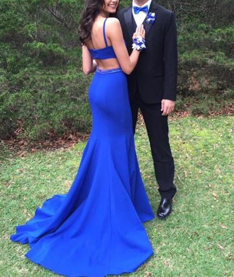 Unthony - Sexy Royal Blue Mermaid Scoop Neck Long Prom Dresses with Sweep Train
