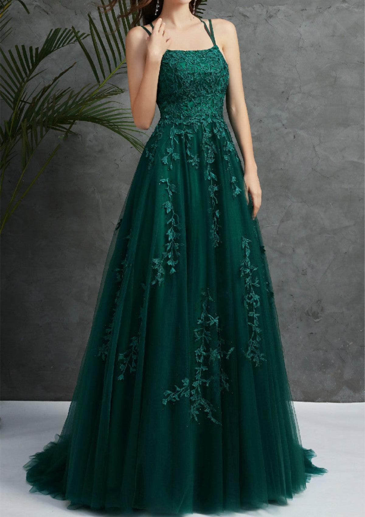 Unthony - Open Back Dark Green Tulle Lace Long Prom Dress