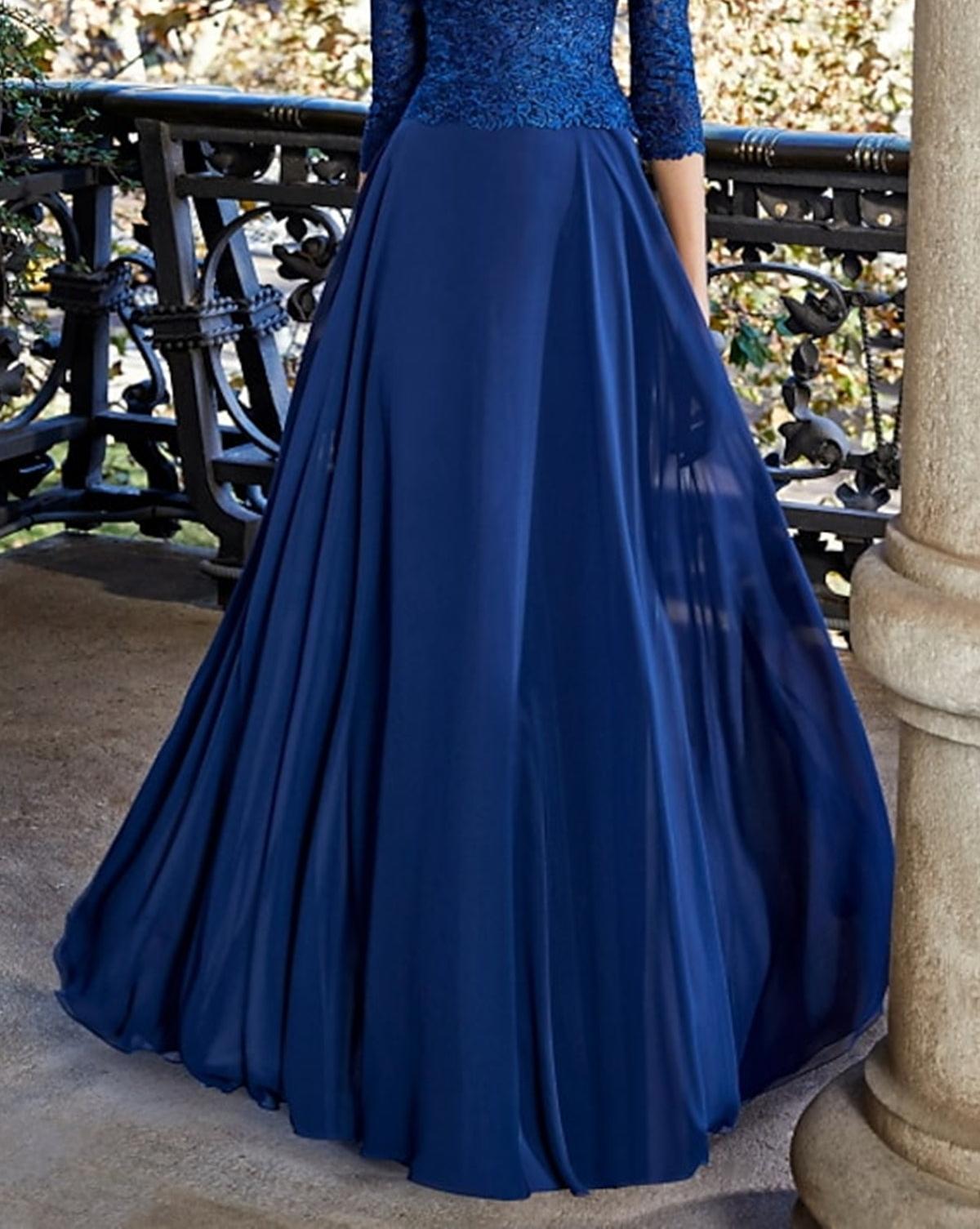 Unthony - Long Sleeve V Neck Blue Chiffon Lace Long Prom Dresses