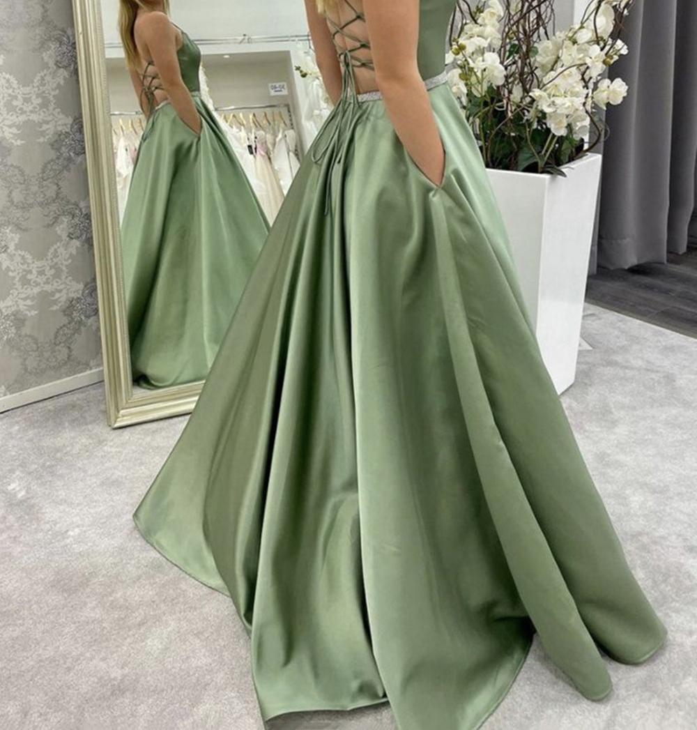 Unthony - A Line Backless Green Satin Long Prom Dress