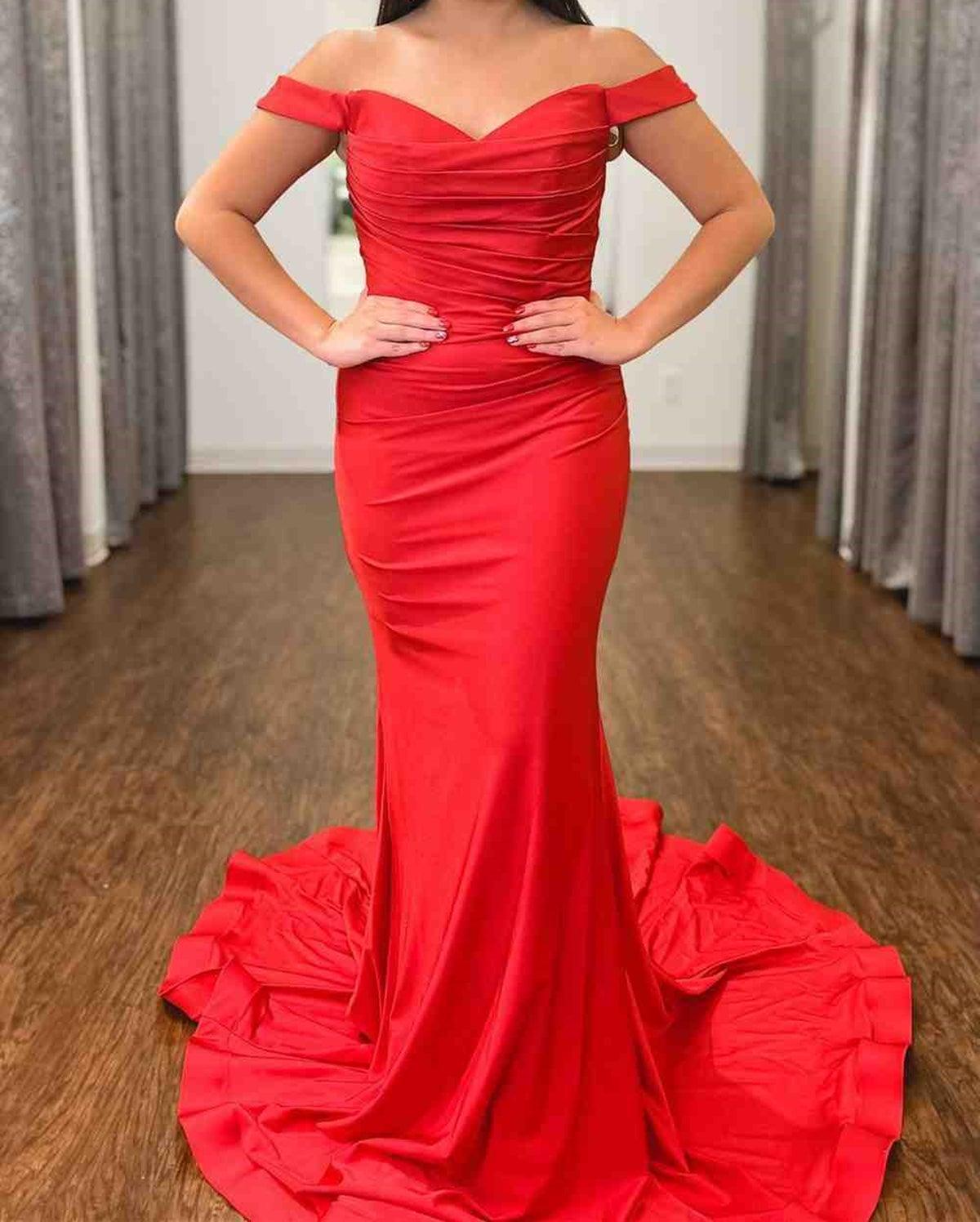 Unthony - Off Shoulder Mermaid Red Long Prom Dress