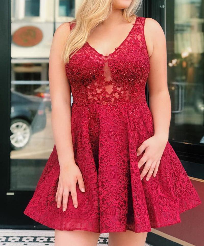Unthony - Cute V Neck Red Lace Short Prom Dress Homecoming Dress