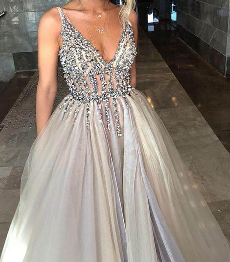 Unthony - Stylish V Neck Open Back Sequins Gray Long Prom Dress with High Slit