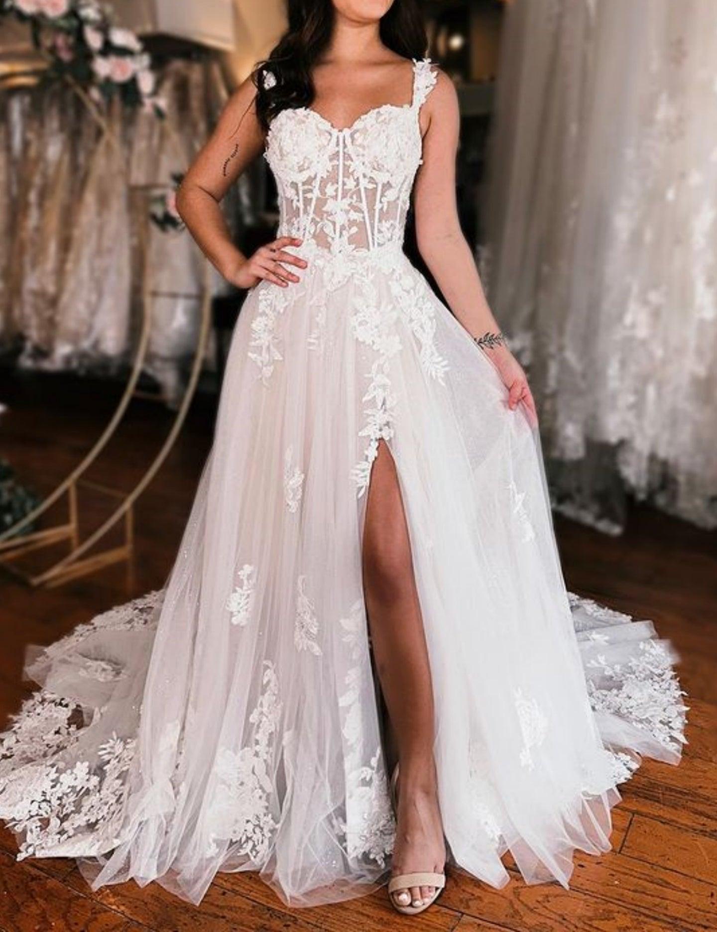 Unthony - Off Shoulder White Lace Long Prom Dress with High Slit