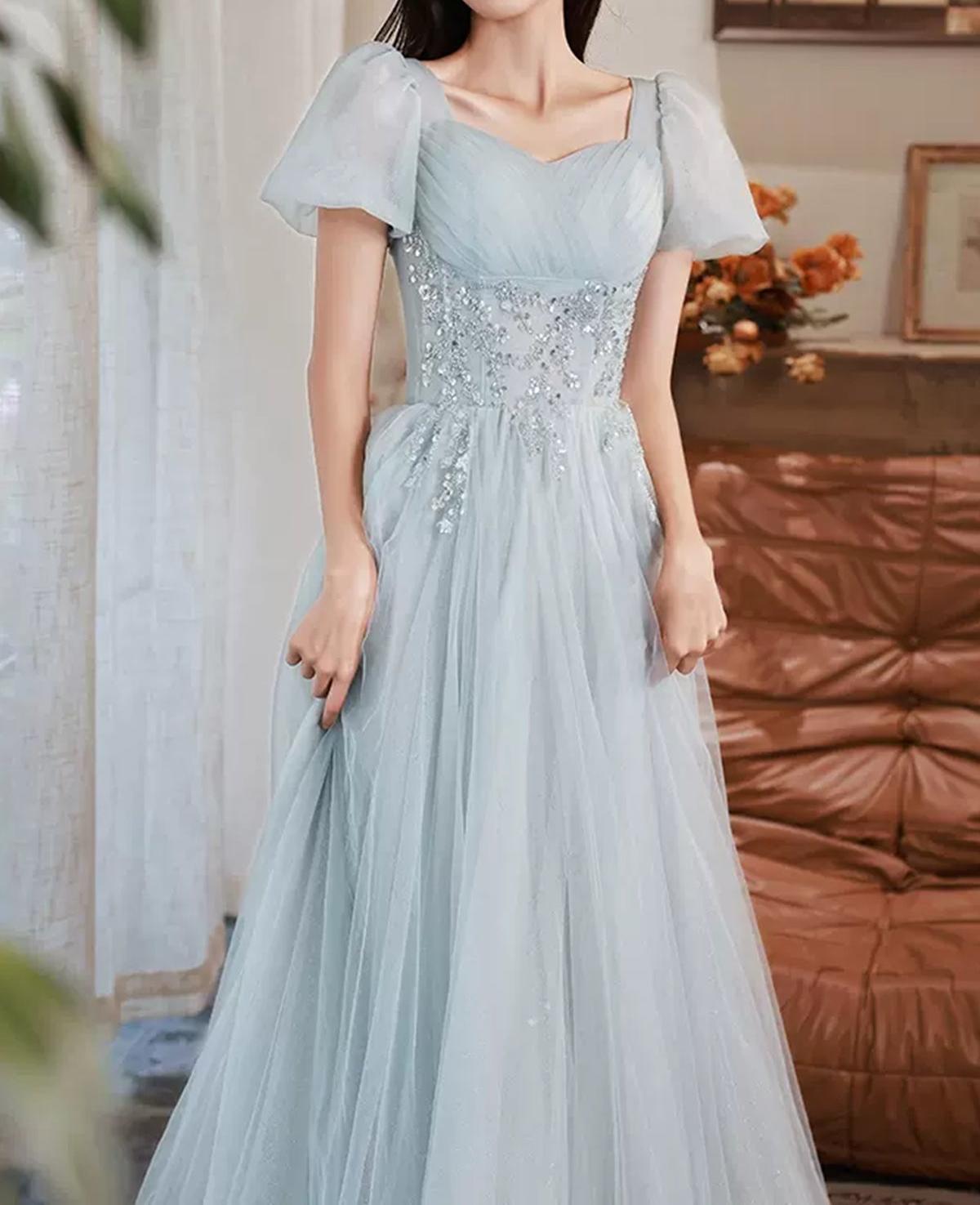 Unthony - Short Sleeves Beaded Blue Long Prom Dress