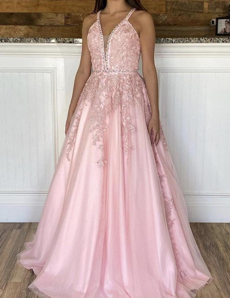Unthony - V Neck Open Back Pink Lace Long Prom Dress